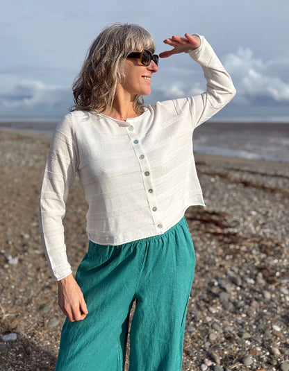 teal linen lantern trousers