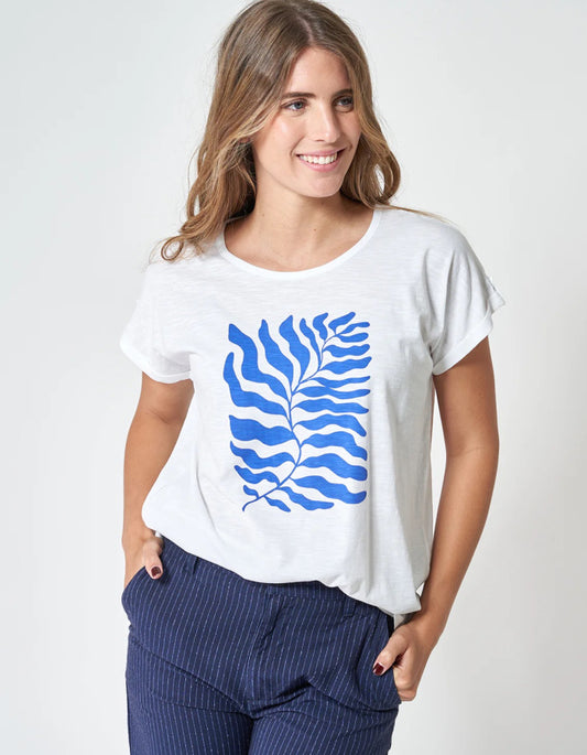Batela Leaf Print Tee in White