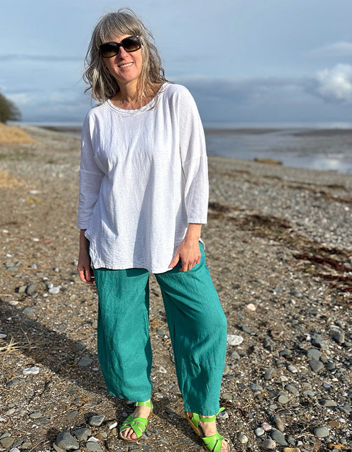 teal linen lantern trousers