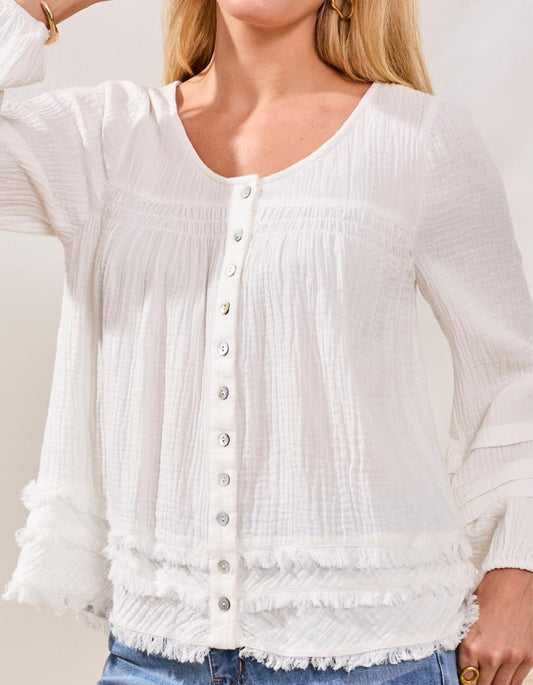 White textured blouse with buttons worn by a person, against a neutral background