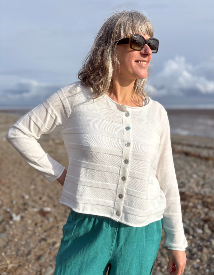 short summer white cotton cardigan with ribbed detail