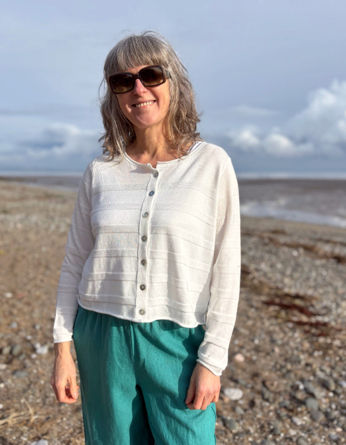 short summer white cotton cardigan with ribbed detail
