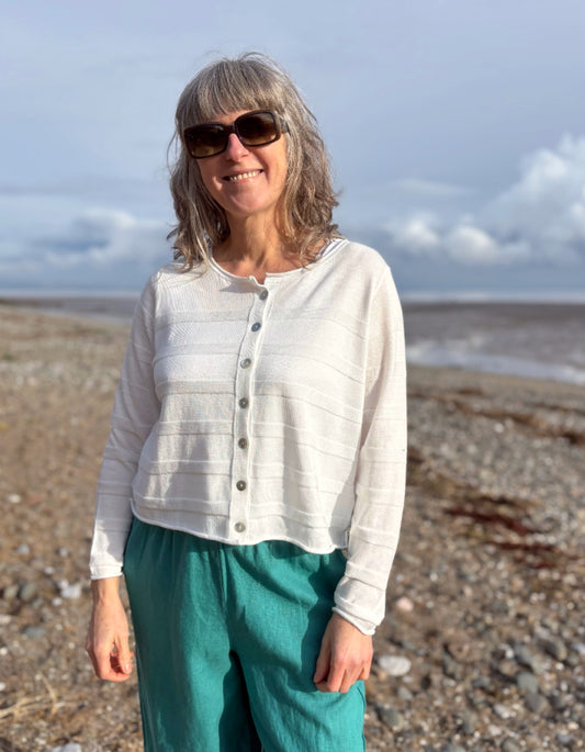 short summer white cotton cardigan with ribbed detail