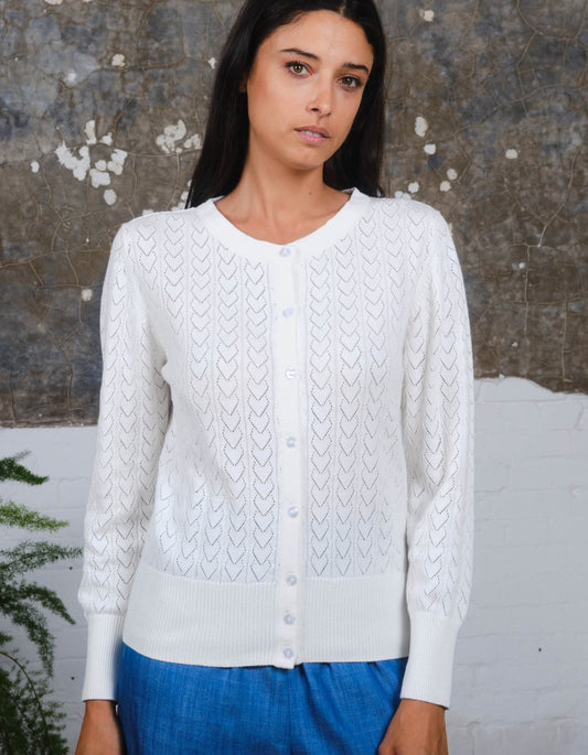 Pretty Vacant Heart Pointelle Cardigan in White