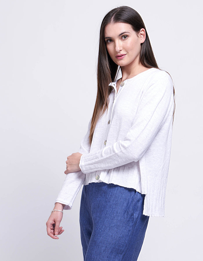 white loose fit cotton linen blend cardigan with deep ribbed cuffs and hem