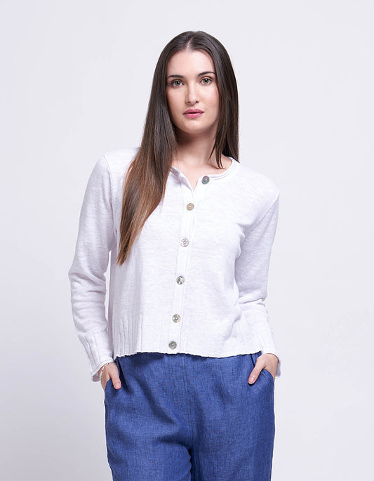 white loose fit cotton linen blend cardigan with deep ribbed cuffs and hem