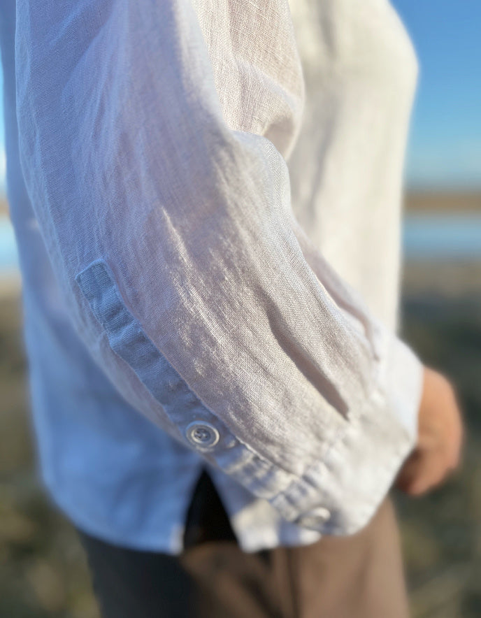white linen shirt with 3/4 sleeves