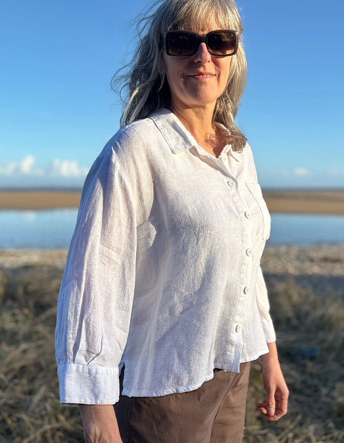 white linen shirt with 3/4 sleeves
