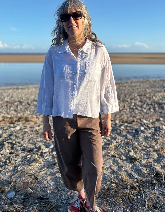 white linen shirt with 3/4 sleeves