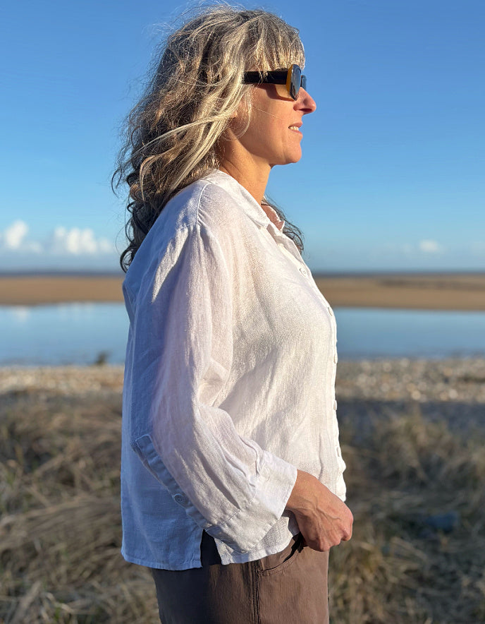 white linen shirt with 3/4 sleeves