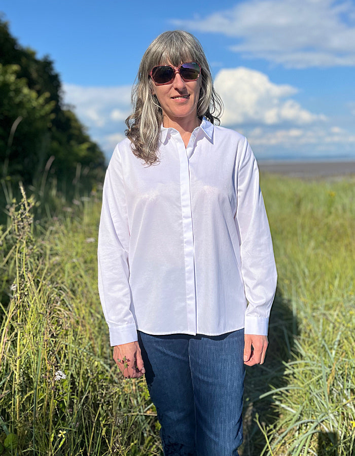 classic white shirt with button down front and collar