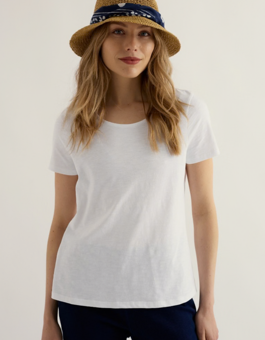 woman wearing organic white cotton t shirt short sleeves and a scoop neckline
