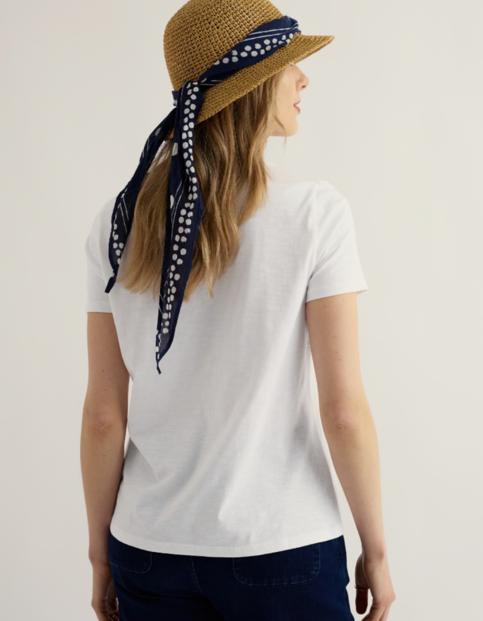 woman wearing organic white cotton t shirt short sleeves and a scoop neckline