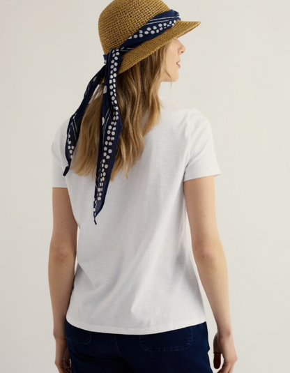 woman wearing organic white cotton t shirt short sleeves and a scoop neckline