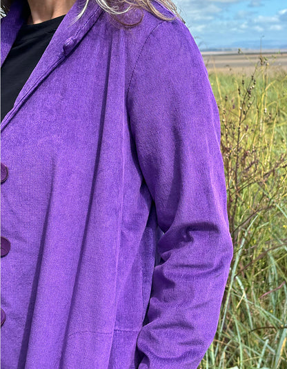 purple velvet coat with collar, button front and two patch pockets. willy Wonka vibes