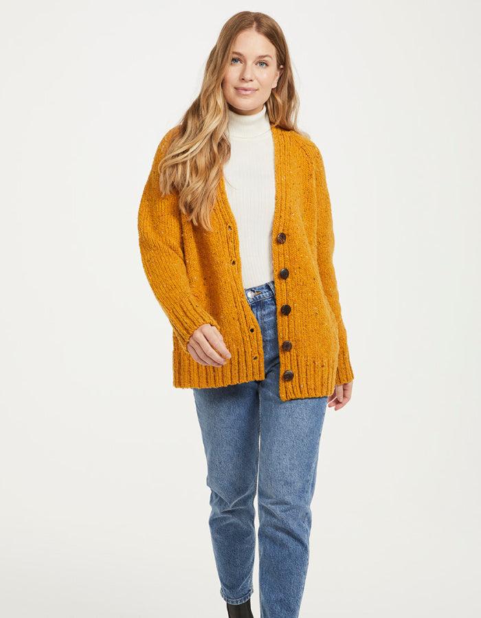 Aran Mills Donegal Tweed Cardigan with Side Pockets in Yellow