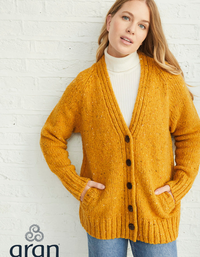 Aran Mills Donegal Tweed Cardigan with Side Pockets in Yellow