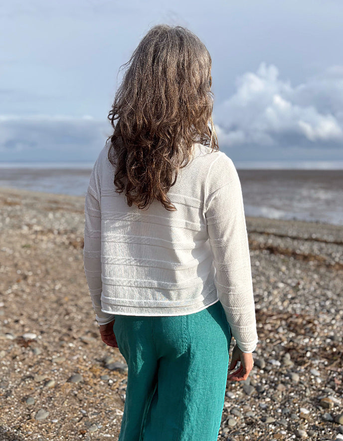 short summer white cotton cardigan with ribbed detail