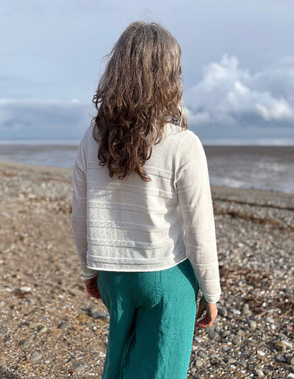 short summer white cotton cardigan with ribbed detail