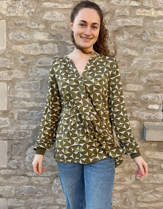 jersey tunic top with v neckline and elasticated cuffs, graphic print in sand and olive green