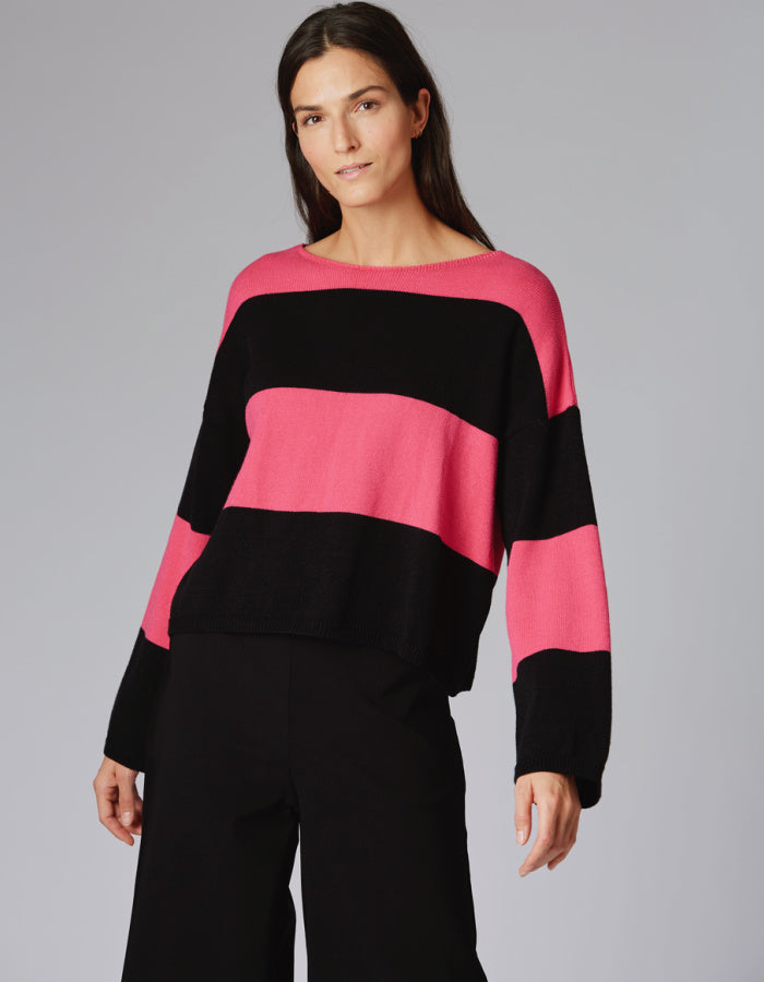 Yellow Label Block Stripe Cropped Sweater in Pink