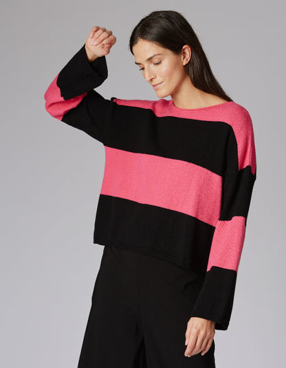 Yellow Label Block Stripe Cropped Sweater in Pink