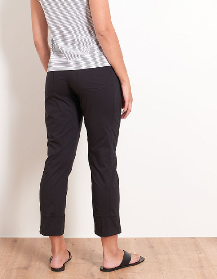 black cotton stretchy trapeze trousers with turn up hem and front and back pockets