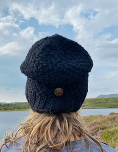 floppy wool beret hat with button and fleece lining in blue