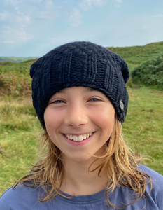floppy wool beret hat with button and fleece lining in blue