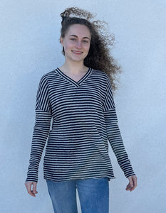 navy and grey striped fine merino long sleeve oversized top with v neckline