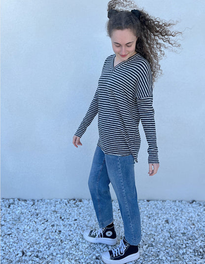 navy and grey striped fine merino long sleeve oversized top with v neckline