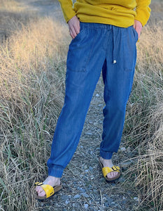 denim chambray joggers with elasticated waistband and elasticated hem cuff