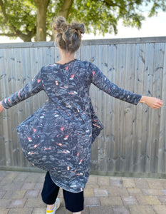 grey cotton bubble dress with pockets and long sleeves with doodle print