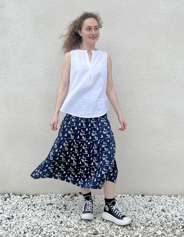 midi length tiered cotton skirt with navy and white boat print