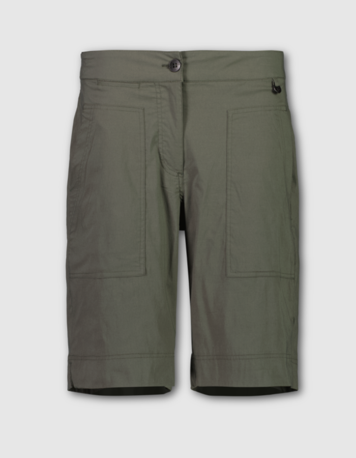 khaki cargo shorts, mid thigh length with pockets and button fly closure
