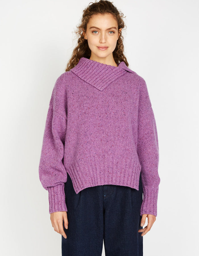 purple wool cashmere sweter with funnel neck and fold over collar oversized fit