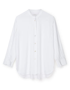 long white cotton button up shirt with grandad style collar