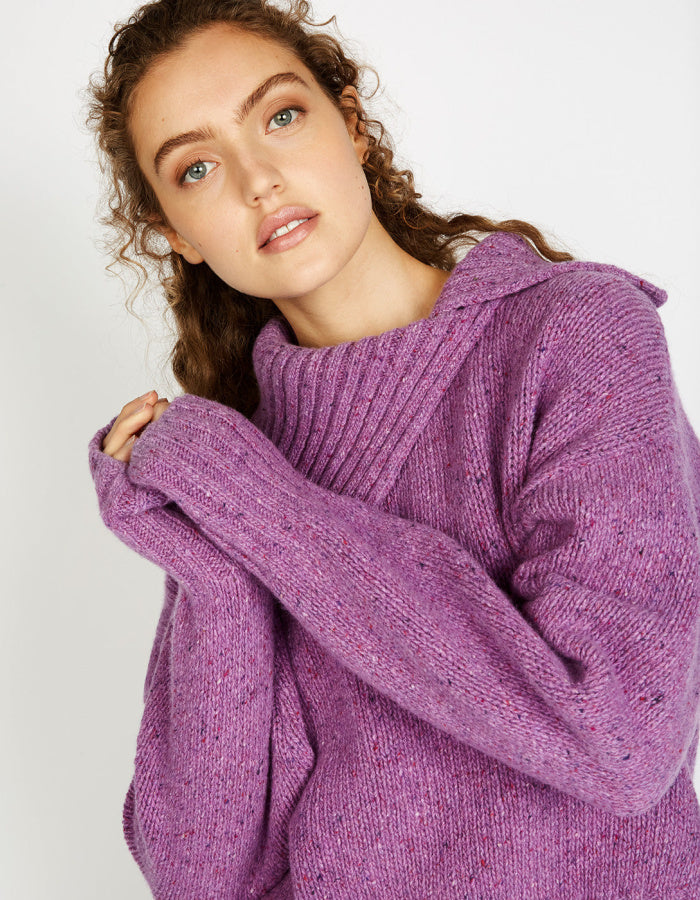 purple wool cashmere sweter with funnel neck and fold over collar oversized fit