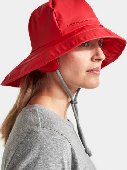 red waterproof sou ester with fleece ling and drawstring