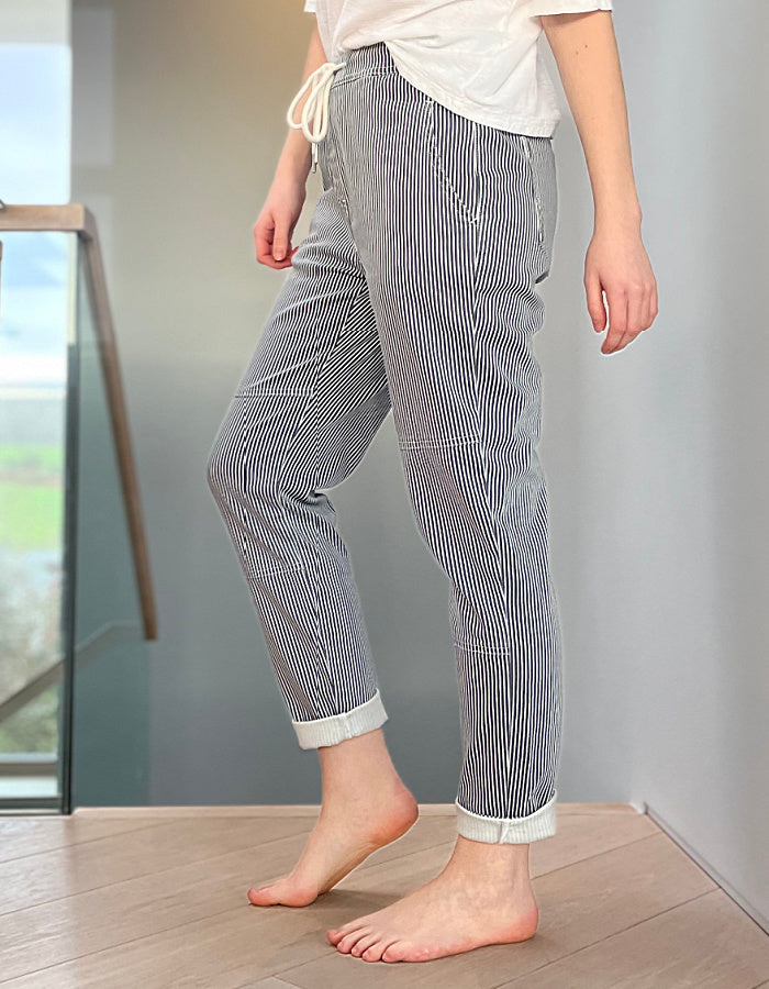 summer jogging style cotton trousers in nav and white ticking stripe