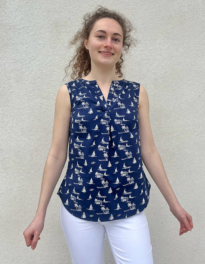 cotton sleeveless top with navy and white nautical boat print