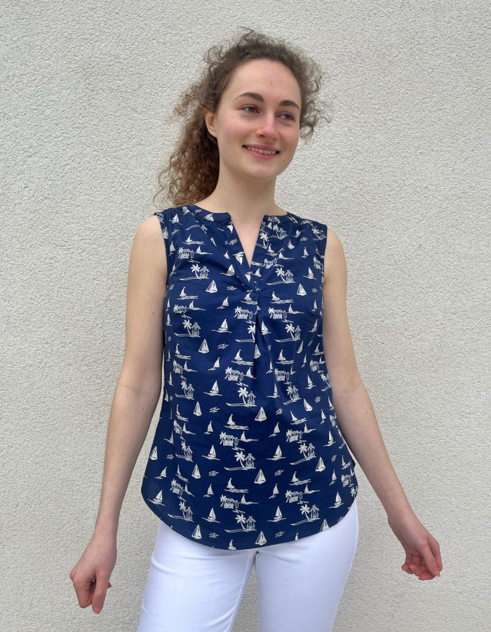cotton sleeveless top with navy and white nautical boat print