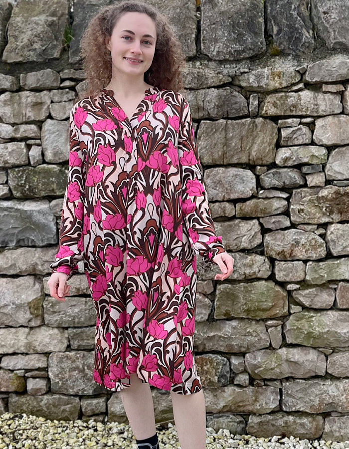 knee length loose fit viscose summer dress with pink and brown tulip print with full length sleeve