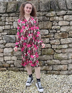 knee length loose fit viscose summer dress with pink and brown tulip print with full length sleeve