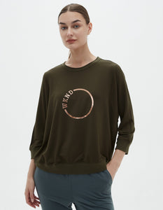 loose fit khaki bamboo sweatshirt top with scoop neckline and 3/4 sleeve, rose gold logo in a circle with the letters WKND